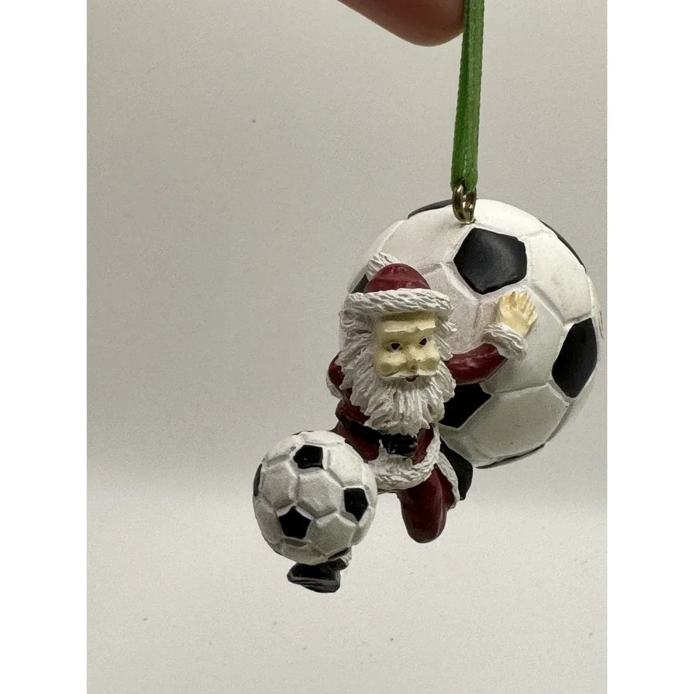 SANTA PLAYING SOCCER SOCCER BALLS Vintage‎ Christmas Ornament RESIN Vintage Coll